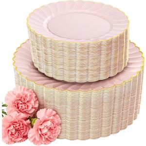 YOUBET 100PCS Pink Scalloped Plastic Plates - Heavy Duty Gold Disposable Fancy Hard Plates Include 50 Dinner Plate, 50 Dessert Plate, for Wedding & Party Mothers Day