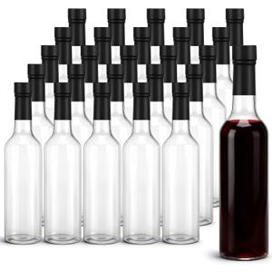 Potchen 25Pcs 300ml Plastic Wine Bottles with Screw Lid and Shrink Capsules Caps Seals, Empty Clear Long Neck Bottles for Christmas Homemade Drinks Gift Coquito Vanilla Extract Limoncello (Black)