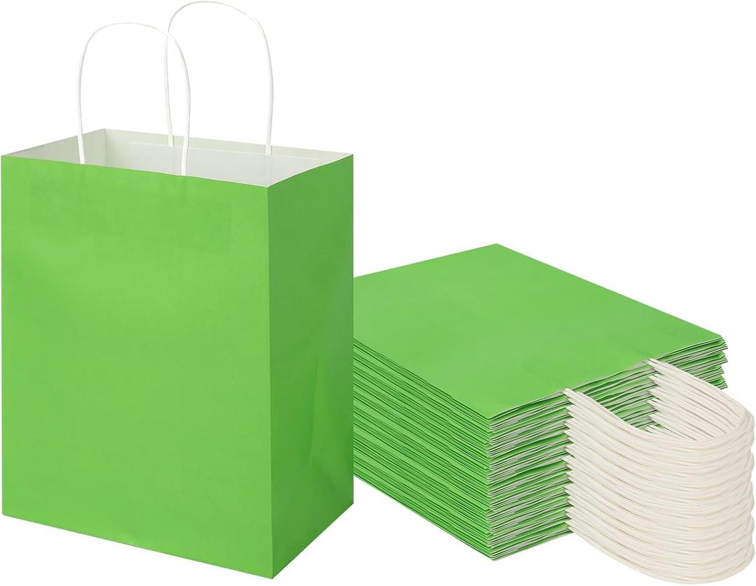 Toovip 50 Pack 8x4.75x10 Inch Medium Grass Green Kraft Paper Bags with Handles Bulk, Gift Bags for Birthday Party Favors Retail Grocery Shopping Business Goody Craft Merchandise Take Out Sacks