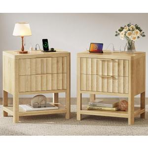 Huuger 27.6 Inch Tall Night Stands with Charger Station, USB-C Port, Fluted Nightstand Set of 2, Larger Wider Bed Side Table with 2 Deep Drawers, Open Shelf, Bedroom Living Room End Table, Natural