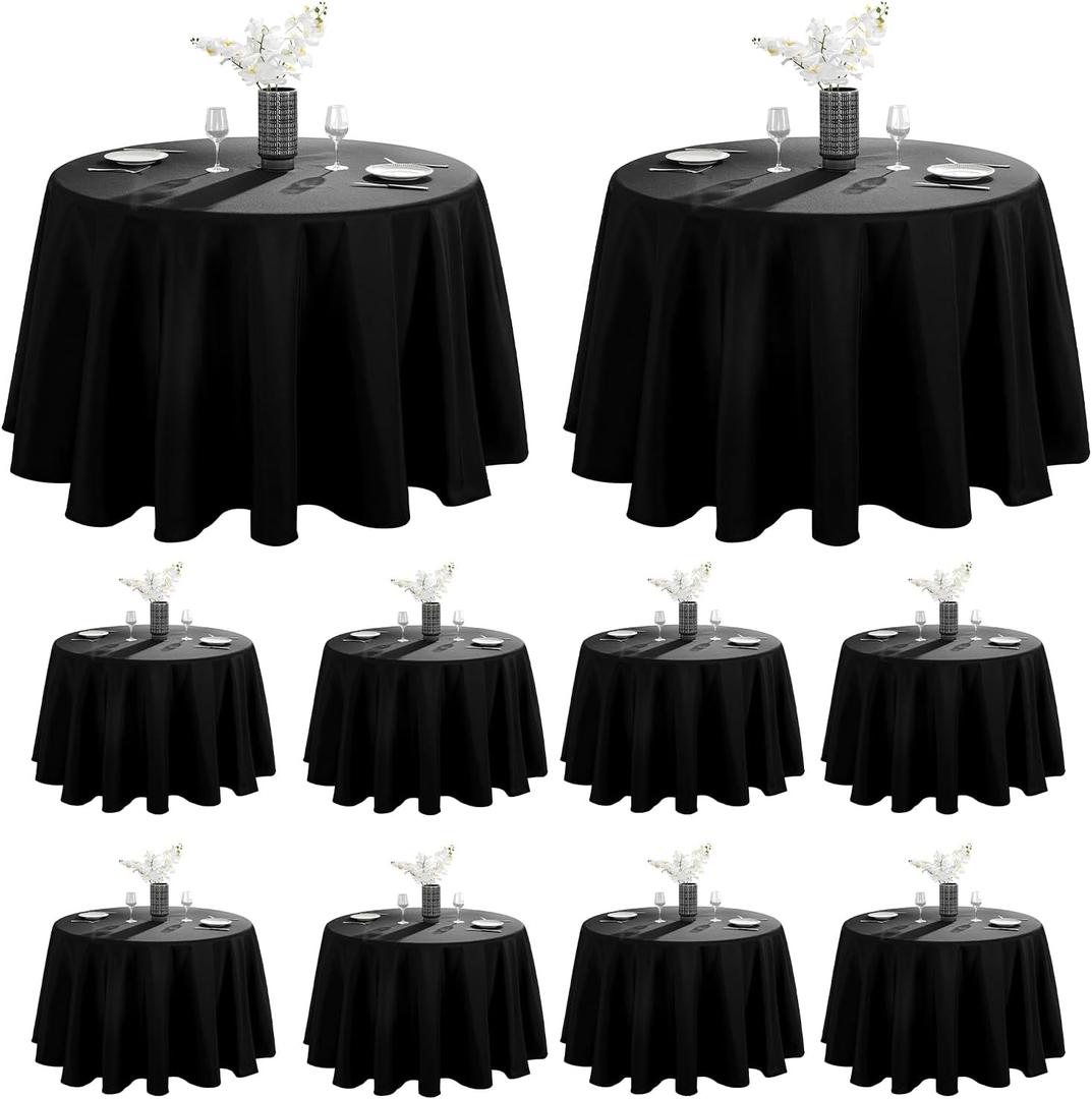 VidaFete 10 Pack 120inch Round Tablecloth Polyester Table Cloth, Stain Resistant and Wrinkle Polyester Dining Table Cover for Kitchen Dinning Party Wedding Round Tabletop Buffet Decoration(Black)