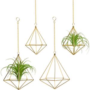 Hanging Air Plants Holders Geometric Airplants Plant Hangers 4 Pcs Tillandsia Display Holder 2 Sizes Himmeli Metal Planters with Chains for Home Decor Gift Idea(Gold)