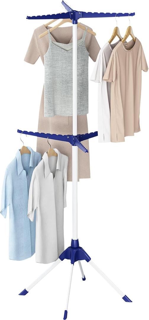 APEXCHASER 2-Tier Clothes Drying Rack, 66 - Inch Collapsible Drying Rack Clothing, 6 Staggered Arms for Clothes Rack, for 48 Pieces of Clothes (2-Tier, Dark Blue)