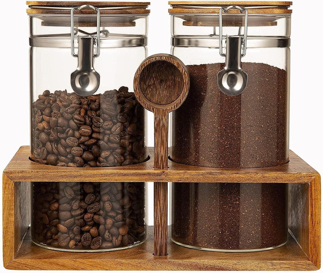 Yangbaga Glass Coffee Container with Wooden Shelf,245OZ Coffee and Sugar Container Set,Coffee Canisters with Airtight Lids and Scoop,Large Capacity Food Storage Jars for Coffee Beans,Nuts,Tea,Sugar