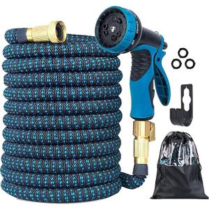 Garden Hose 100ft Expandable Water Hose with 10 Function Nozzle, Flexible Hose with Triple Core Latex and 3/4" Solid Brass Fittings Collapsible Lightweight Retractable Long Hose Pipe (Blue)