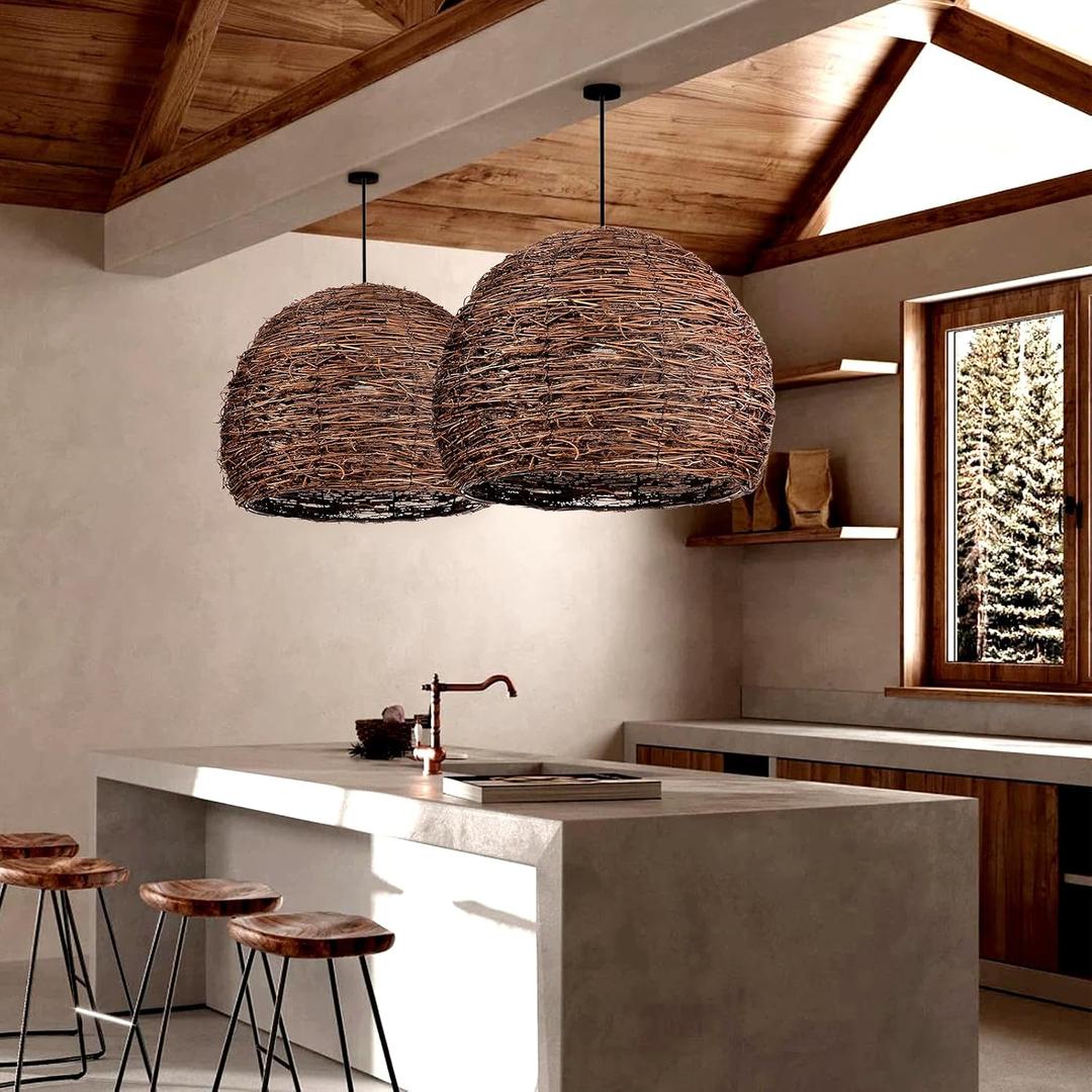 Arturesthome 1 Light Rustic Woven Rattan Pendant Light, Coastal Lighting Fixture, Vintage Farmhouse Lampshade Chandelier Hanging Ceiling Lamp Shade for Kitchen Island Dining Room W 15.7* H 11