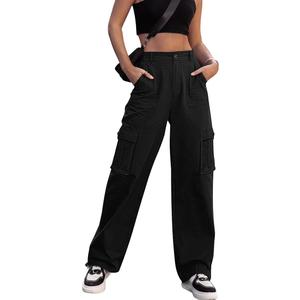 Women Pants High Waisted Cargo Pants Combat Military Wide Leg Casual Trousers 8 Pockets L