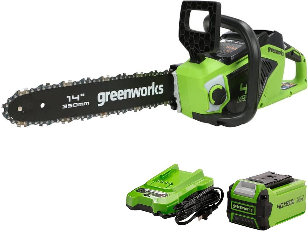 Greenworks 40V 14" Chainsaw, 2.5Ah USB Battery and Charger Included (14" (2.5Ah))