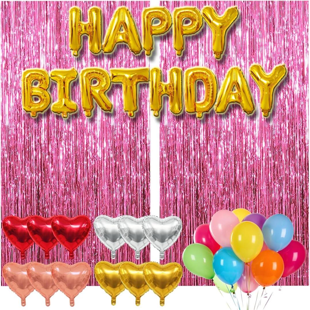 4 x 77Pcs Pink Happy Birthday Party Decorations Kit, Happy Birthday Banner, Pink Streamers Tinsel Backdrop, 4 Colors Foil Heart Balloons with 50Pcs Colorful Balloons Party Decor for Girls Women Princess