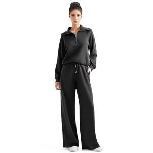 SUUKSESS Women 2 Piece Lounge Matching Sets Wide Leg Sweatpants Half Zip Oversized Sweatshirts (Jet Black, S)
