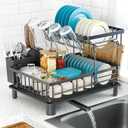 Dish Drying Rack, 2 Tier Dish Racks for Kitchen Counter, Compact Drying Rack Kitchen, Detachable Dish Rack with Drainboard, Utensil Holder, Cup Holder for Small Space, Black