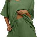 Dokotoo Women's 2 Piece Loungewear Sets Casual Short Sleeve Womens Tops Drawstring Shorts Pants Waffle Knit Sets (Medium, Fern Green)