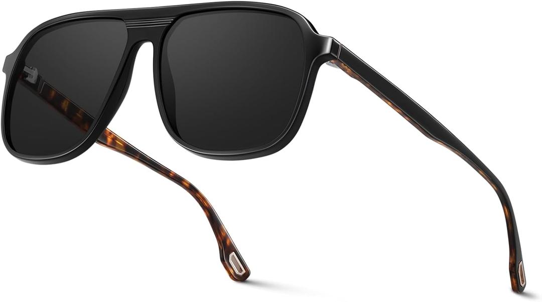 Premium Acetate Aviator Polarized Sunglasses for Men Women Scratch/Saltwater Resistant/Oleophobic Coating Lens (Black and Tortoise Frame/Grey Lens)