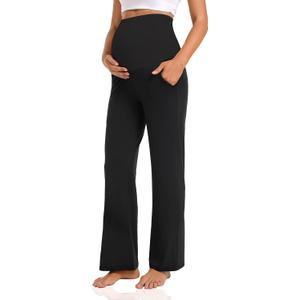 V VOCNI Women's Maternity Lounge Pants Pockets Stretchy Pregnancy Trousers Comfy Wide Leg Yoga Pajama Pants (Large, Black)