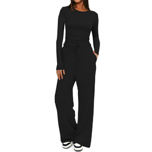 Darong Women's 2 Piece Outfits Lounge Sets 2026 Long Sleeve Tops Wide Leg Pants Casual Matching Set L