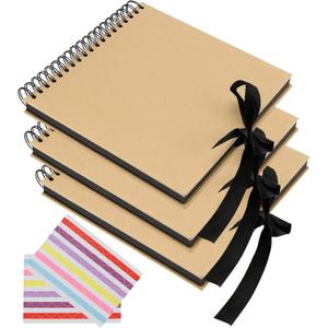 SINJEUN 3 Pack 10 x 10 Inch Scrapbook Album,150 Pages Kraft Paper Cover Photo Album Scrapbook Black Pages with Ribbon and Corner Stickers, Book Wedding Guest Book Anniversary