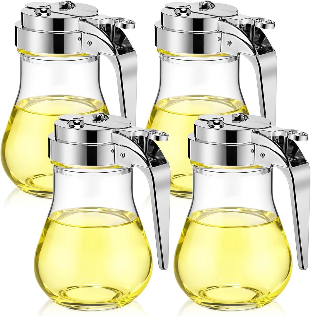 Mimorou 4 Pack Syrup Dispensers Glass Honey Jar Bottle Maple Sugar Dispenser 6.7 oz Retracting Spout Syrup Containers Pitcher for Milk Coffee Home Restaurant Kitchen Bar Oil Condiment