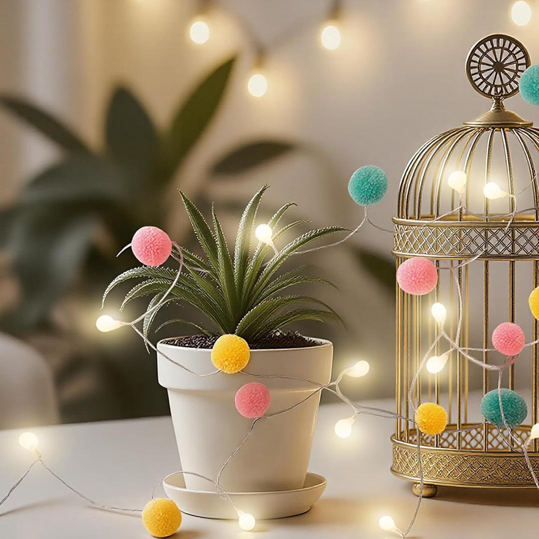 LED Pom Poms Fairy Lights - 21Feet, 20 LED, Battery Operated, Warm White Globe Lights Cute for Home,Kids Playhouse, Holiday, Christmas, Kids Room Party Birthday Wedding Valentines Decorations