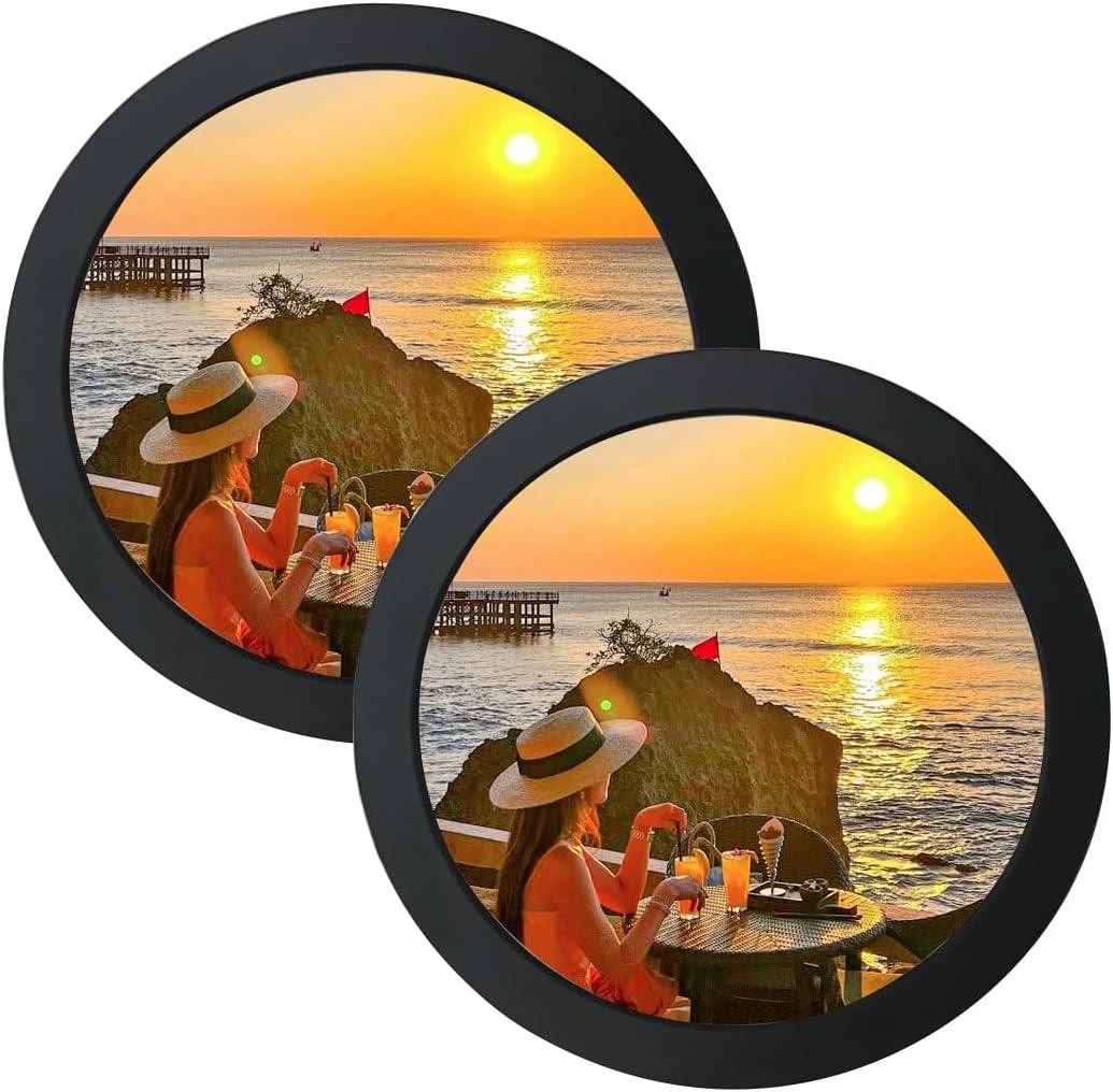 Levoberg 2 Pack Round Photo Frame Wooden Wall Hanging Picture Display Frames Art Painting Mural Frame for Home Office Wall Decor 7in Black