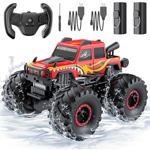WayEee Amphibious Remote Control Car All Terrain RC Monster Truck Toys/Red | waterproof 4X4 monster truck off-road vehicles 2.4GHz remote control 1/18 Scale rc car toy for kids 6+ boys girls gifts