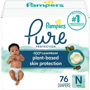 Pampers Pure Protection Diapers, Size 0, 76 Count for Up to 100% Leakproof, Plant-Based Skin Protection (Newborn)