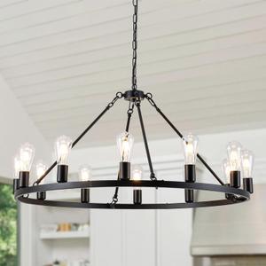12-Light Wagon Wheel Chandelier, Farmhouse Dining Room Light Fixture, Black Round Rustic Chandeliers, Vintage Ceiling Hanging Pendant Light Fixture for Living Dining Room Bedroom Kitchen Foyer