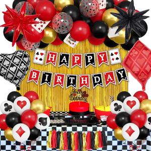 Ouddy Life 103Pcs Casino Theme Party Decorations, Red and Black Happy Birthday Banner Star Heart Poker Foil Balloons Fringe Curtain Paper Tassel Cake Topper for Las Vegas Game Night Party Decorations