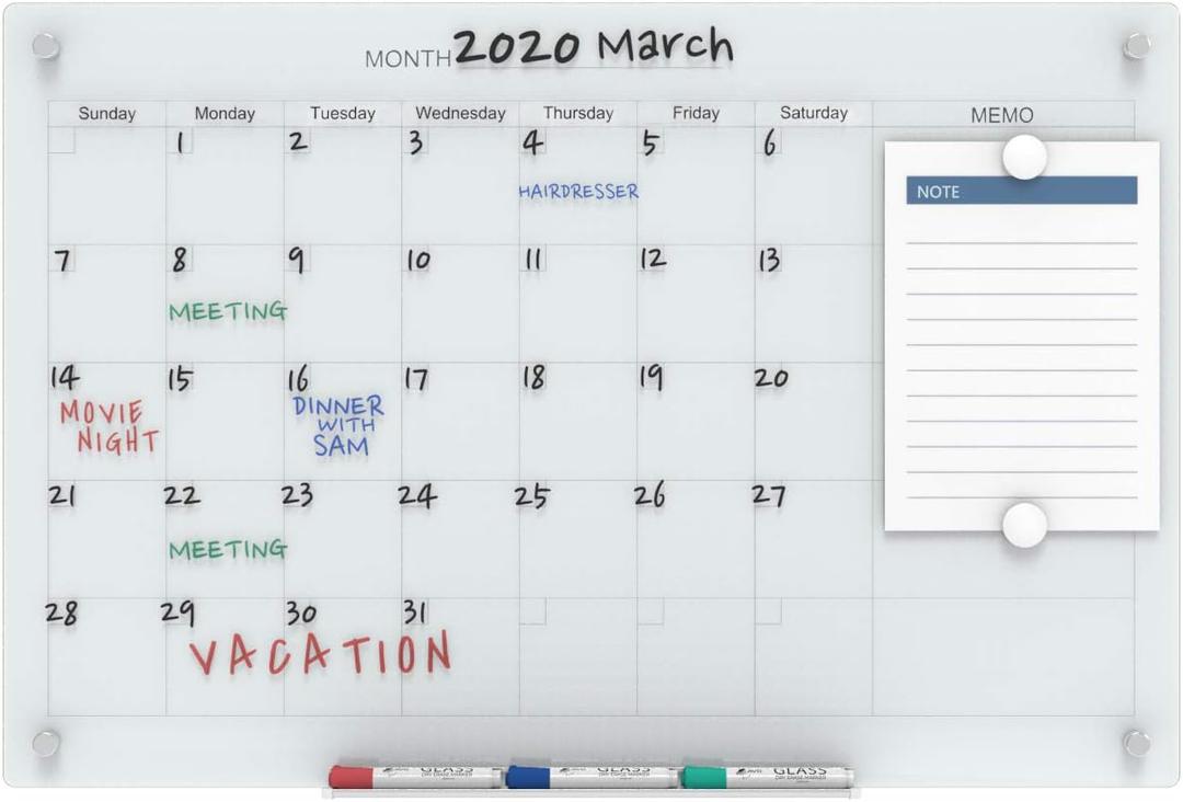 Audio-Visual Direct Magnetic Glass Dry Erase Board Set (3' x 2', Calendar White) for Wall - Monthly Planner