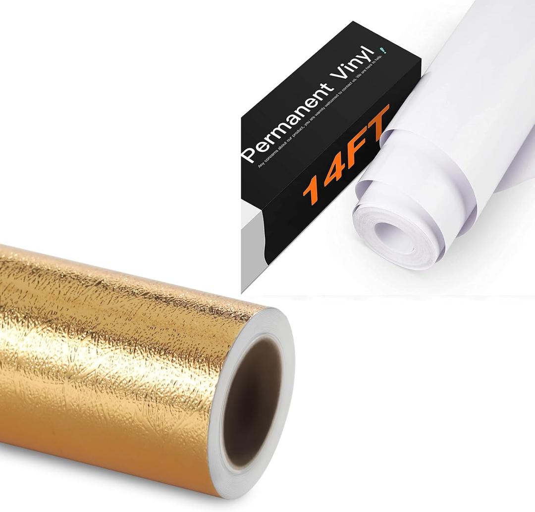 HTVRONT 12" x 6ft Champagne Gold Metallic Textured Permanent Vinyl & 12" x 14ft White Permanent Vinyl
