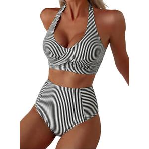 Herseas Women's High Waisted 2 Piece Bikini Sets Halter Patch Pocket Swimsuits Striped Bathing Suit Beach Swimwear 2026 (Medium)