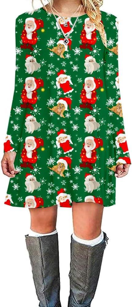 Merry Christmas Women Dresses Long Sleeve Ugly Xmas Mini Dress Snowman Christmas Tree Tunic Dresses (Green)