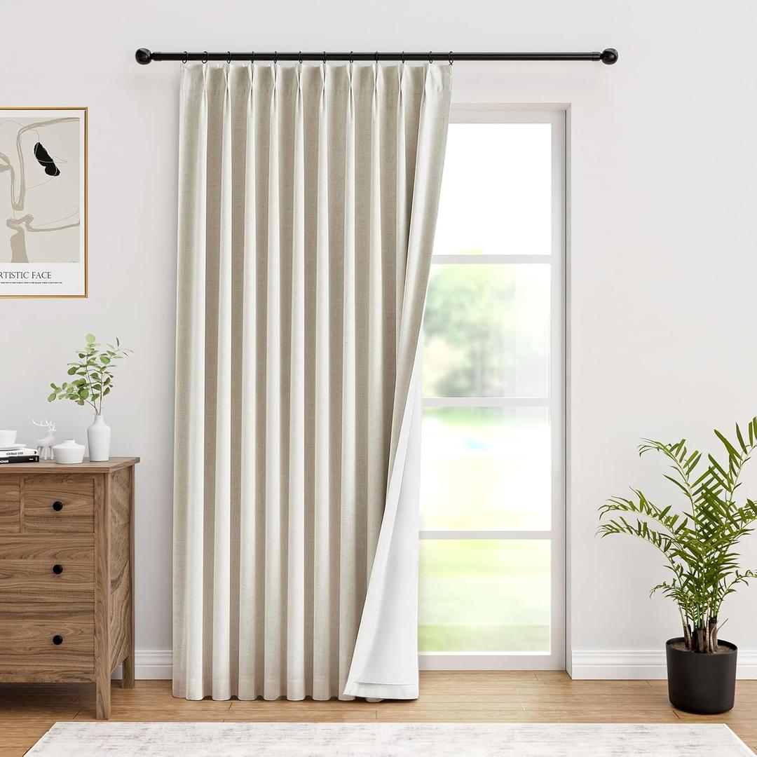 IVAPUPU Natural Pinch Pleated Full Blackout Curtains Linen Blend Room Darkening Window Curtains 84 inch 1 Panel for Living Room Bedroom Thermal Insulated Curtain Drapes with 12 Pcs Hooks 60''Wx84''L