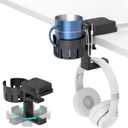 2 x KDD 3 in 1 Headphone Hanger with Cup Holder - Rotatable Headset Hook & Desk Cord Organizer - Suitable for Coffee Mups, Water Cups, Headphone, Charging Cables, Home & Office