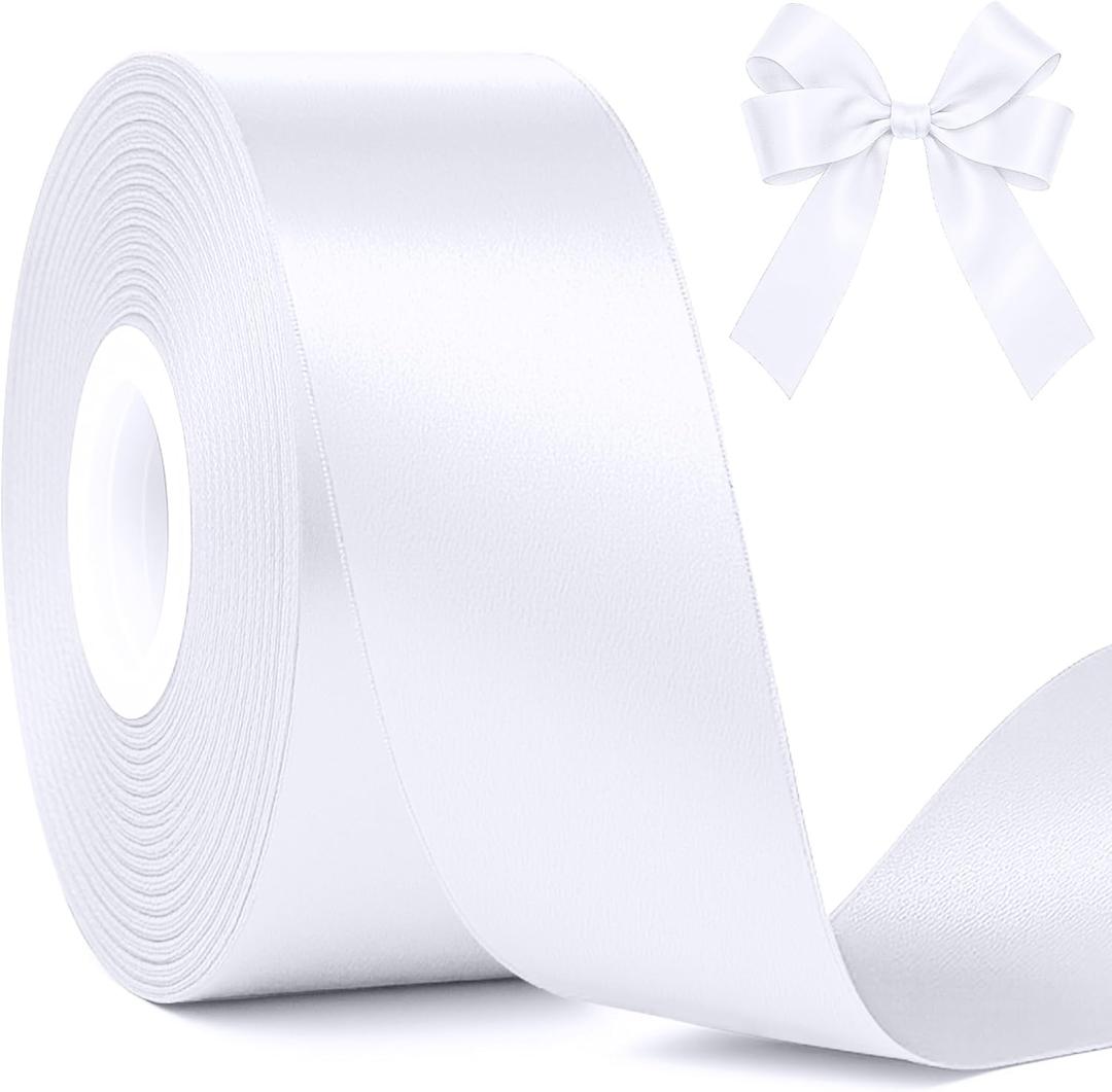 Fullive White Ribbon for Gift Wrapping, 30 Yards White Ribbon 1 1/2 in, Solid Polyester Satin Mothers Day Ribbons for Wedding Valentines Decorations DIY Hair Bows Wrapping Bouquet Floral Arrangements