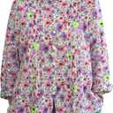 Womens Long Sleeve Button Down Up Shirt Floral Boho Early Fall Clothes Pleated Green Leaves Crewneck Top Work Blouses (Purple)