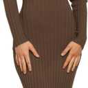 MEROKEETY Women's Long Sleeve Sweater Dress 2025 High Neck Slim Fit Ribbed Knit Midi Winter Dresses (Brown, L)