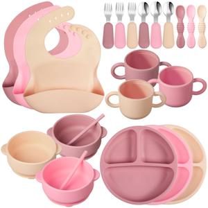 24 Pack Silicone Baby Feeding Set Baby LED Weaning Supplies Includes Suction Divided Plates Soft Bowl Spoons Forks Adjustable Bib Snack Cup and Straws(Pink, Dark Pink, Nude)