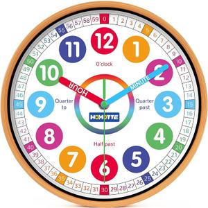 Kids Wall Clock for Bedroom, 10 Inch Round Multi-Colored Learning Clock, Children's Silent Analog Non-Ticking Educational Wall Clock for Boys and Girls Home Decor