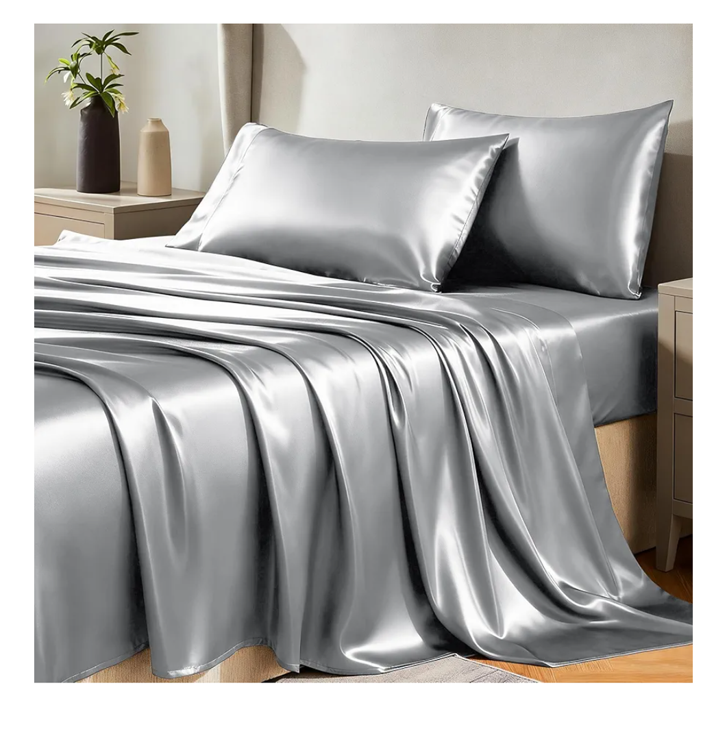 CozyLux Satin Sheets Queen Size Bed Set - 4 Piece Silky Queen Sheet Set, Luxury Light Grey Queen Sheets with Smooth and Soft Microfiber, Includes 1 Fitted Sheet, 1 Flat Sheet and 2 Pillowcases