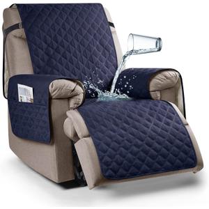 Ruaozz 100% Waterproof Recliner Chair Cover Non-Slip Oversized Reclining Cover for Large Recliner Chair Washable Chair Seat Cover with Elastic Straps for Kids, Dogs, Pets (Dark Blue, 28'')