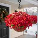 Hananona 24 Pcs Artficial Outdoor Flowers with Hanging Baskets, 2 Pack Hanging Planter with Red Outdoor Spring Flowers for Christmas Porch Home Patio Yard Decor (2, Red)