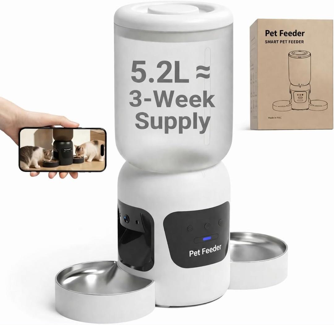 Automatic Cat Feeder with 2MP Dual Camera,170Wide Angle Night Vision,APP Remote Control Custom Meal Schedule,2.4G/5G WiFi Pet Food Dispenser with 2-Way Audio,Low Food Sensor,5.2L for Cats Dogs,White