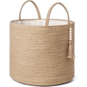 Mkono Woven Storage Basket Decorative Natural Rope Basket Wooden Bead Decoration for Blankets,Toys,Clothes,Shoes,Plant Organizer Bin with Handles Living Room Home Decor, Jute, 16" W  13.8"L