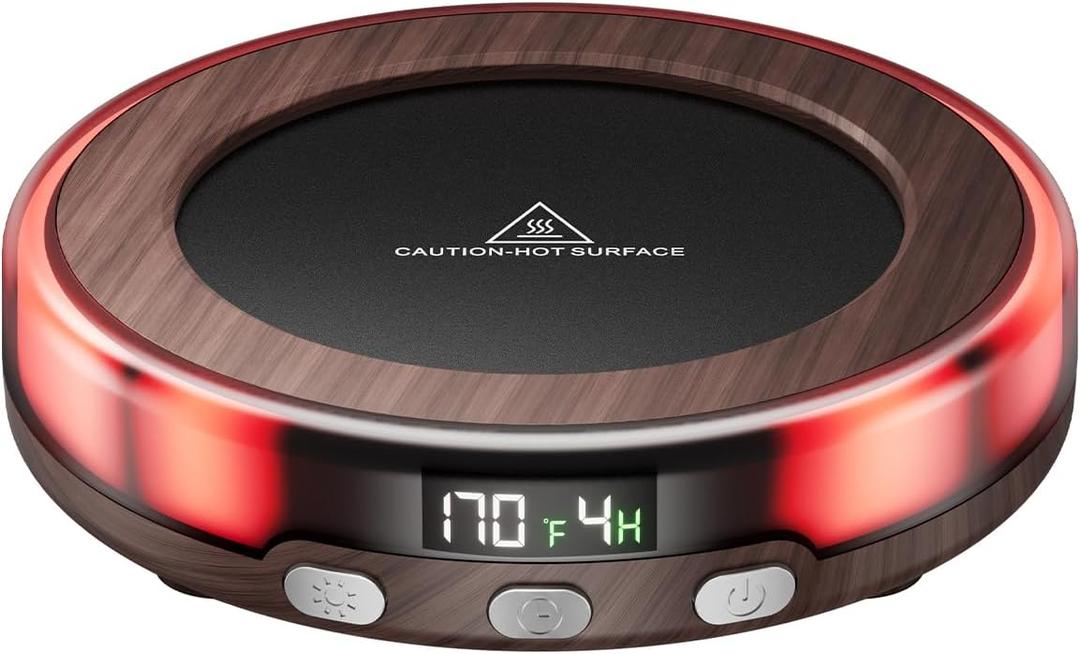 Gaiatop Coffee Mug Warmer for Desk, 3 Temp Settings, 2-9Hrs Timer, 3 Colorful Romantic Atmosphere Light Modes, Beverage Heating Plate with Digital Display for Candle Tea Milk Wood
