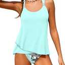 Shallmu Girls Swimsuits Two Piece Bathing Suits Ruffle with Metal Decoration Girls Tankini 13-14Years