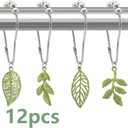 Leaves Shower Curtain Hooks-12Pack Green Plant Leaf Shower Curtain Rings,Metal Rustproof Shower Curtain Hangers,Shower Hooks Rings for Shower Curtain Rod, Bathroom Decoration Accessories