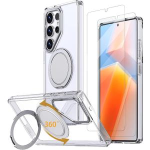 for Samsung Galaxy S25 Ultra Case with 360 Magnetic Stand, Compatible with MagSafe, with 2 Tempered Glass Film, Military-Grade Drop Shockproof Phone Case with Kickstand, Clear