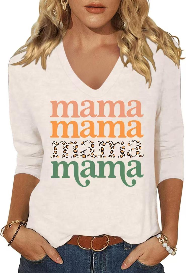 Womens 3/4 Sleeve V Neck Valentine T Shirts Love Heart Printed Graphic Tee Tops (Large, Mo Beige)
