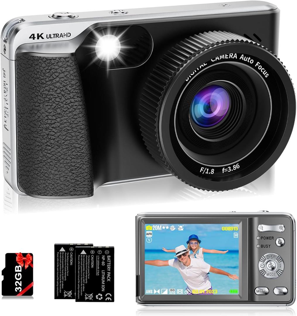 4K Digital Camera for Photography Autofocus,Macro Digital Camera for Kids with SD Card,48MP Vlogging Camera for YouTube with 18X Digital Zoom,Flash, Anti-Shake,2 Batteries