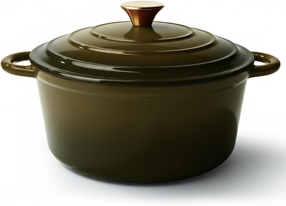 Vintage Style 4.5 Quart Dutch Oven Pot with Lid, Non Stick Enameled Cast Iron Dutch Oven for Bread Baking, Heavy-Duty, Oven Safe Ceramic Cookware Up to 500F for Baking, Braising, Stews, Roasting, Golden Green